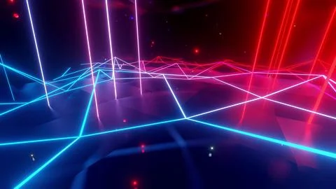 Neon linear lamps with gradient glow of red-blue color over a low poly surface Stock Illustration