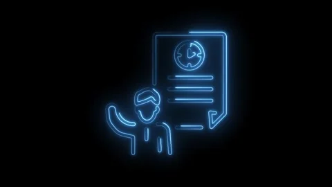 Neon linear man raising hand next to document file with clock icon on black.. Stock Footage 345993213