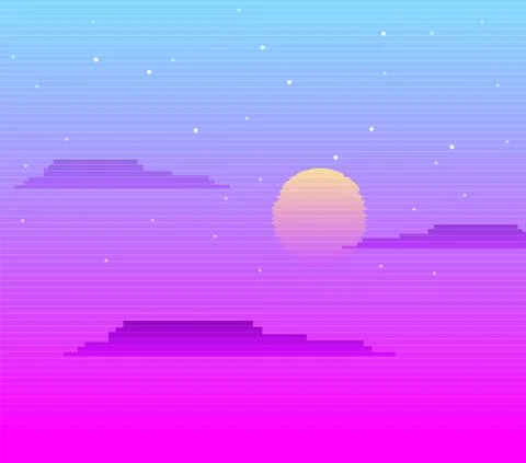 Neon linear sky with clouds retro background. Blue pixel space with purple air Stock Illustration