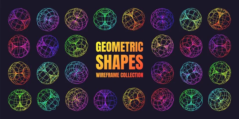 Neon lined wireframe shapes. Perspective mesh, 3d grid. Low poly geometric Stock Illustration