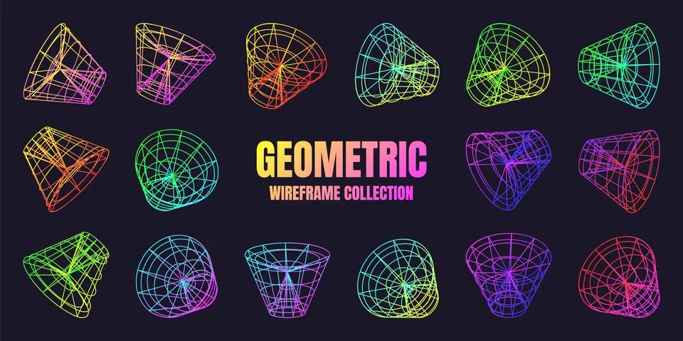 Neon lined wireframe shapes. Perspective mesh, 3d grid. Low poly geometric Stock Illustration