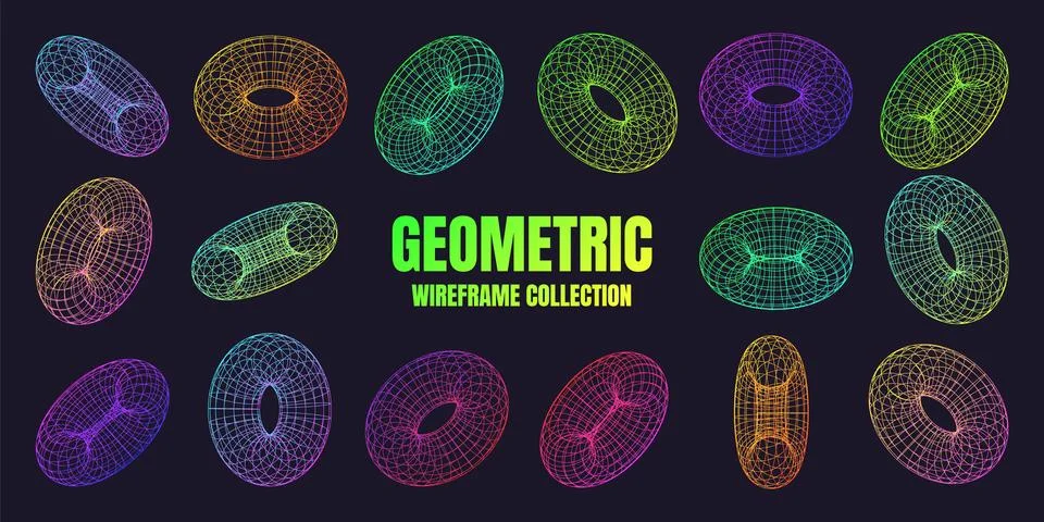 Neon lined wireframe shapes. Perspective mesh, 3d grid. Low poly geometric Stock Illustration