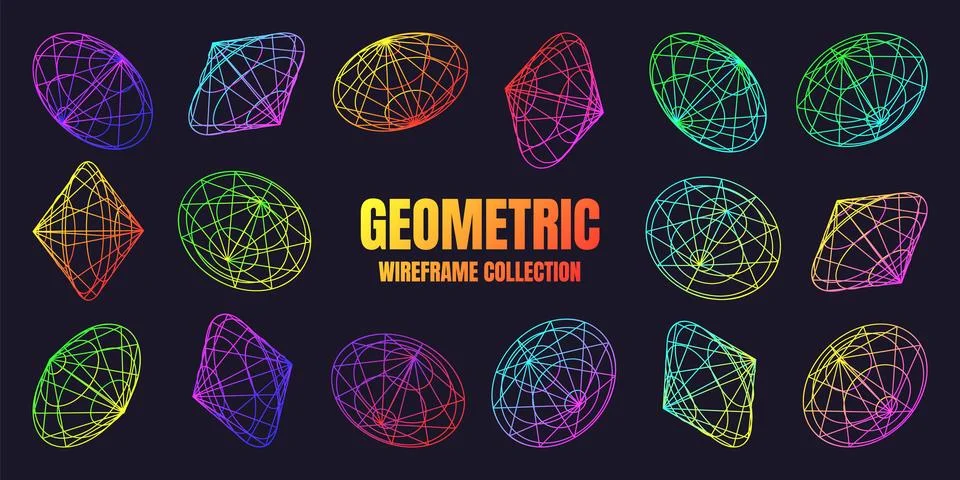 Neon lined wireframe shapes. Perspective mesh, 3d grid. Low poly geometric Stock Illustration