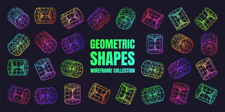 Neon lined wireframe shapes. Perspective mesh, 3d grid. Low poly geometric Stock Illustration