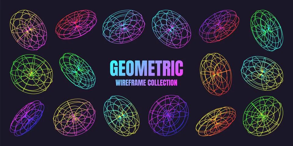Neon lined wireframe shapes. Perspective mesh, 3d grid. Low poly geometric Stock Illustration