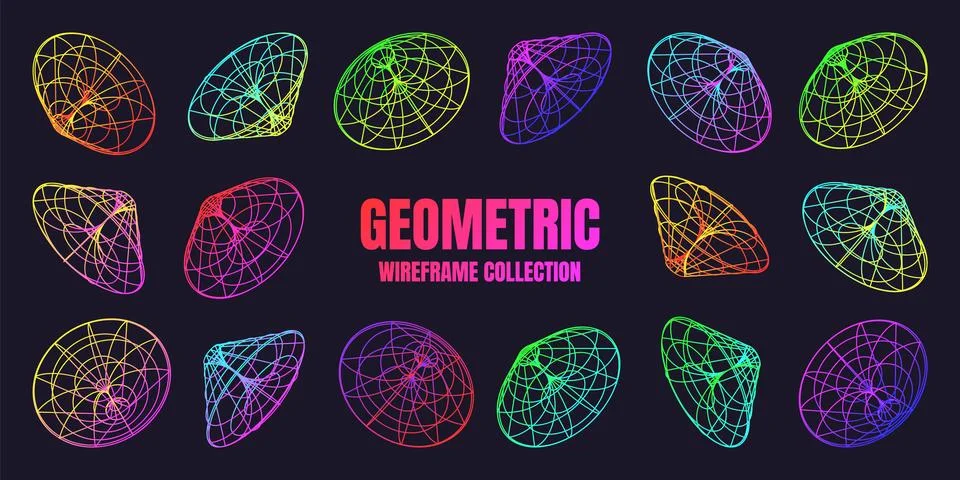 Neon lined wireframe shapes. Perspective mesh, 3d grid. Low poly geometric Stock Illustration