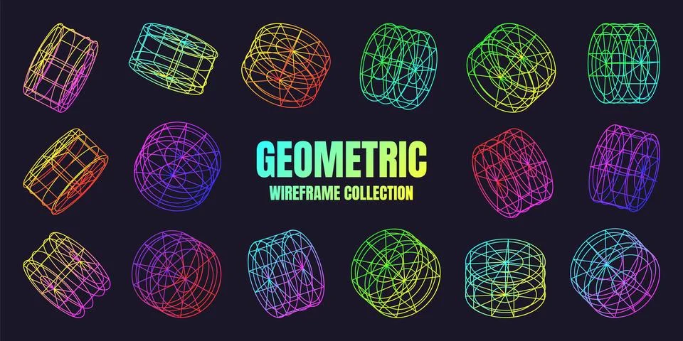 Neon lined wireframe shapes. Perspective mesh, 3d grid. Low poly geometric Stock Illustration