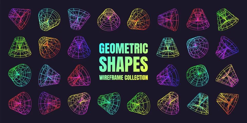 Neon lined wireframe shapes. Perspective mesh, 3d grid. Low poly geometric Stock Illustration