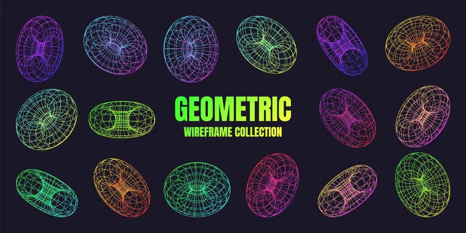 Neon lined wireframe shapes. Perspective mesh, 3d grid. Low poly geometric Stock Illustration