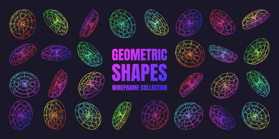 Neon lined wireframe shapes. Perspective mesh, 3d grid. Low poly geometric Stock Illustration