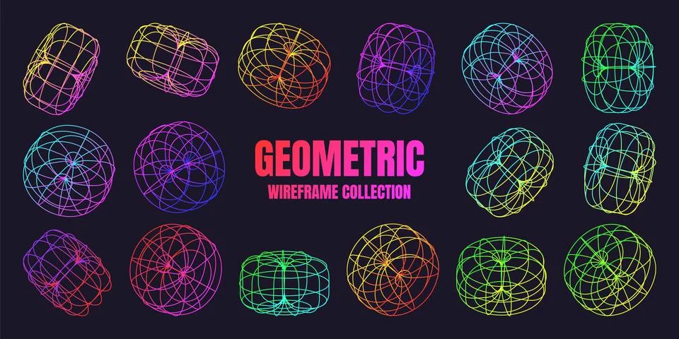 Neon lined wireframe shapes. Perspective mesh, 3d grid. Low poly geometric Stock Illustration