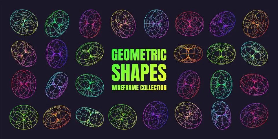 Neon lined wireframe shapes. Perspective mesh, 3d grid. Low poly geometric Stock Illustration
