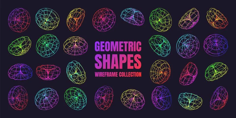Neon lined wireframe shapes. Perspective mesh, 3d grid. Low poly geometric Stock Illustration