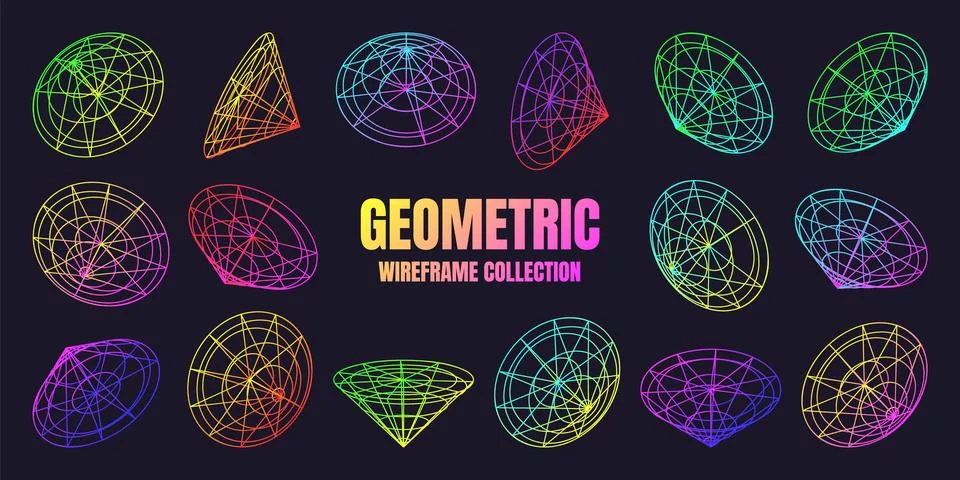 Neon lined wireframe shapes. Perspective mesh, 3d grid. Low poly geometric Illustrazione stock
