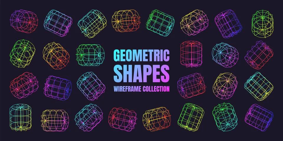 Neon lined wireframe shapes. Perspective mesh, 3d grid. Low poly geometric Stock-Illustration