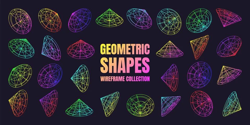 Neon lined wireframe shapes. Perspective mesh, 3d grid. Low poly geometric Stock Illustration