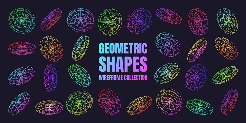 Neon lined wireframe shapes. Perspective mesh, 3d grid. Low poly geometric Stock Illustration