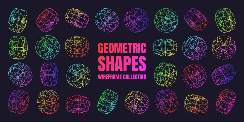 Neon lined wireframe shapes. Perspective mesh, 3d grid. Low poly geometric Stock Illustration