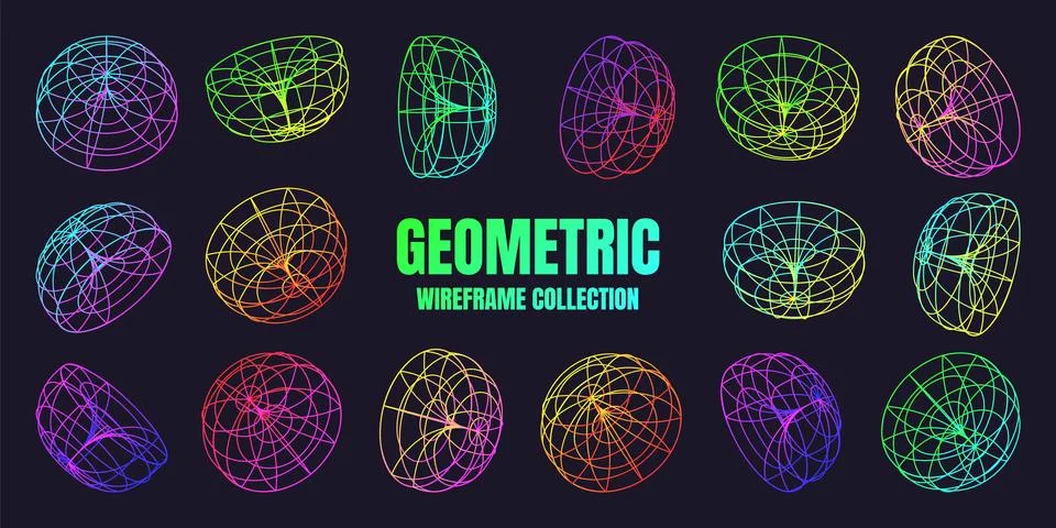 Neon lined wireframe shapes. Perspective mesh, 3d grid. Low poly geometric Stock Illustration