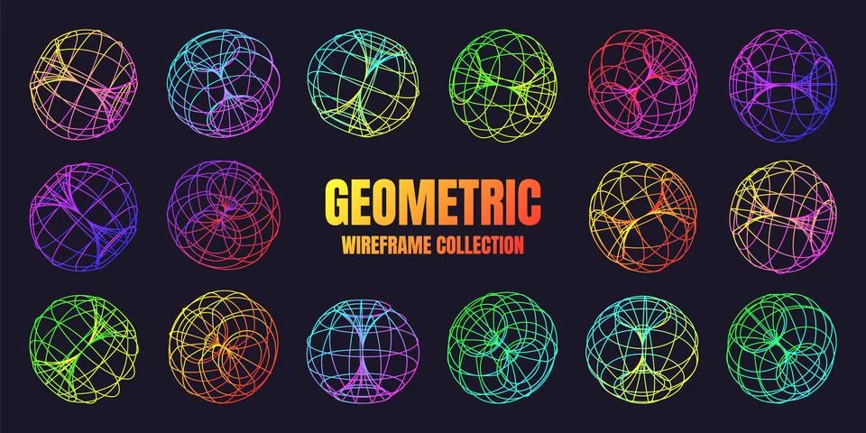 Neon lined wireframe shapes. Perspective mesh, 3d grid. Low poly geometric Stock Illustration