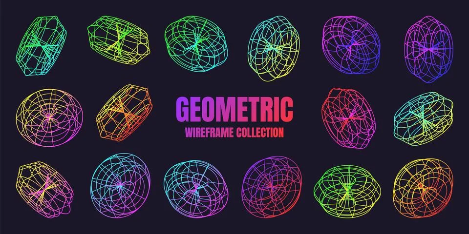 Neon lined wireframe shapes. Perspective mesh, 3d grid. Low poly geometric Stock Illustration