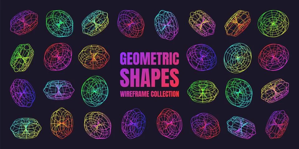 Neon lined wireframe shapes. Perspective mesh, 3d grid. Low poly geometric Stock Illustration