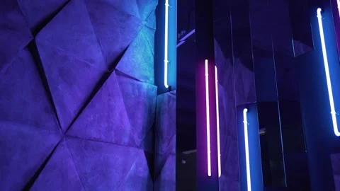 Neon lines and abstract interior design. Modern architecture in the house Stock Footage 148946096