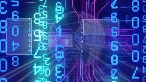 Neon lines appearing, joining translucent globe, forming grid, digits cascading, Stock Footage 334351815