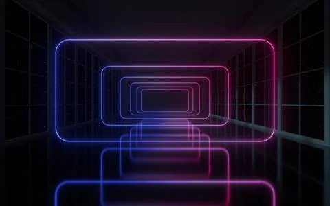 Neon lines in the black empty room, 3d rendering. Ilustración de archivo