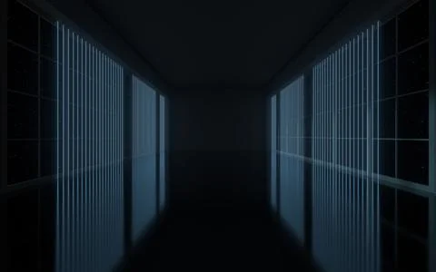 Neon lines in the black empty room, 3d rendering. Stock Illustration