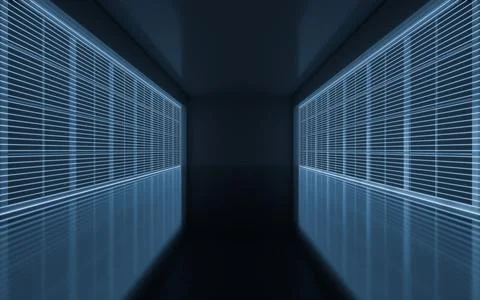 Neon lines in the black empty room, 3d rendering. Ilustración de archivo