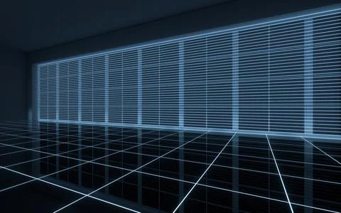 Neon lines in the black empty room, 3d rendering. Ilustración de archivo