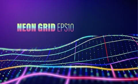 Neon lines with dots grid. 80s disco vector abstract background イラスト素材