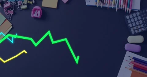 Neon lines emitting from left, green surging cyan and yellow drawing across navy Stock Footage 328330259