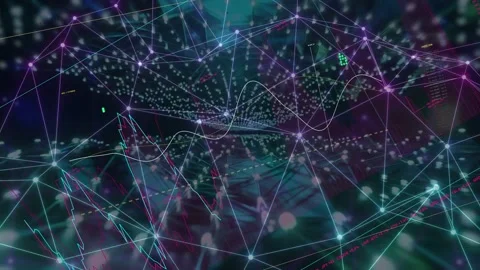 Neon lines fading in starting mesh, particle waves moving forward, charts rising Stock Footage 335466026