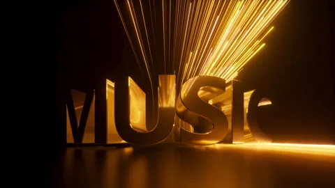 Neon lines pulse and reveal MUSIC word with golden light streaks. Stock Footage 332053360
