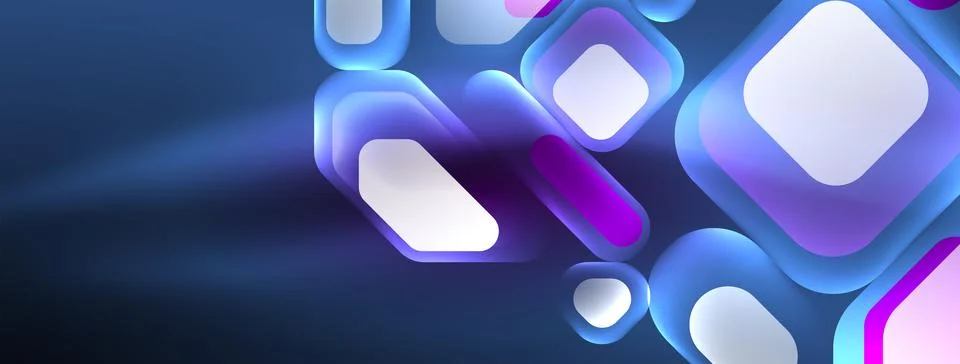 Neon lines, squares and round shapes abstract background. Techno glowing neon Stock Illustration