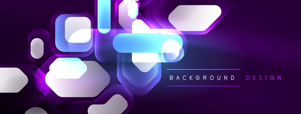 Neon lines, squares and round shapes abstract background. Techno glowing neon Stock Illustration