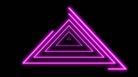 Neon lines triangles shape full loop. Purple colored bright lines on black Illustrazione stock