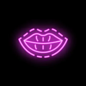 Neon lips showing teeth with stitches around mouth on black background Stock Illustration