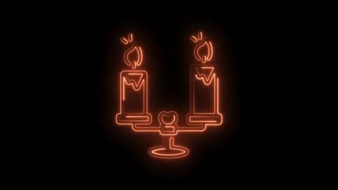 Neon lit candelabra with burning candles glowing orange on black background.. Stock Footage 345991945
