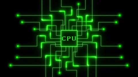Neon-lit circuit diagram highlighting a central cpu component with glowing .. Stock Footage 337366745