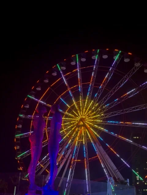 Neon-Lit Ferris Wheel with Modern Sculpture Silhouettes Stock Footage 304883813