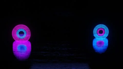 Neon-lit ring frames roll back and forth against a dark background. looping abst Stock Footage 257393073