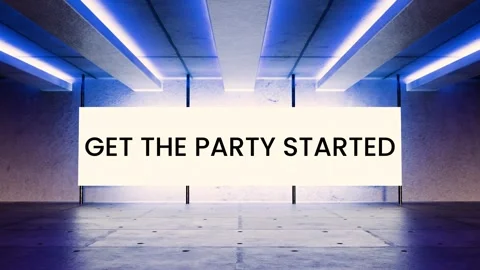 Neon-lit room with a glowing screen flickering “Get the Party Started” Stock Footage 312544065
