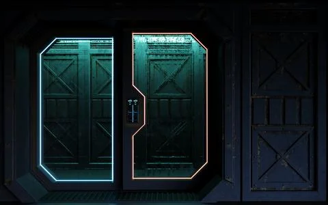 Neon Lit Sci Fi Bunker Doors with Cyberpunk Glow Stock Illustration