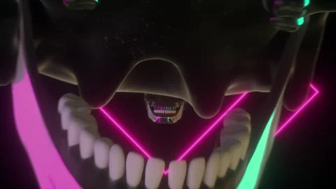 A neon-lit skull design features vibrant colors with a striking background,  Stock-Footage 286991886