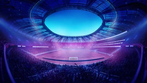 Neon-lit stadium. Stadium glowing with neon purple and blue lights, packed with Stock Illustration