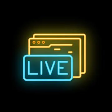 Neon live streaming icon with browser windows glowing Stock Illustration