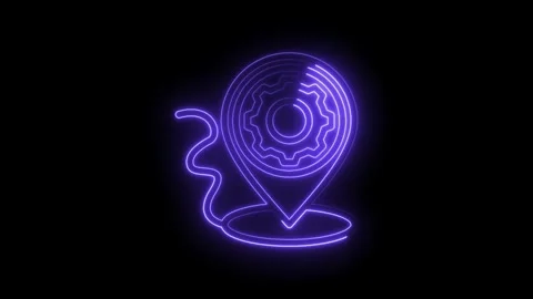 Neon location pin with gear inside representing technology navigation and Video stock 333964201